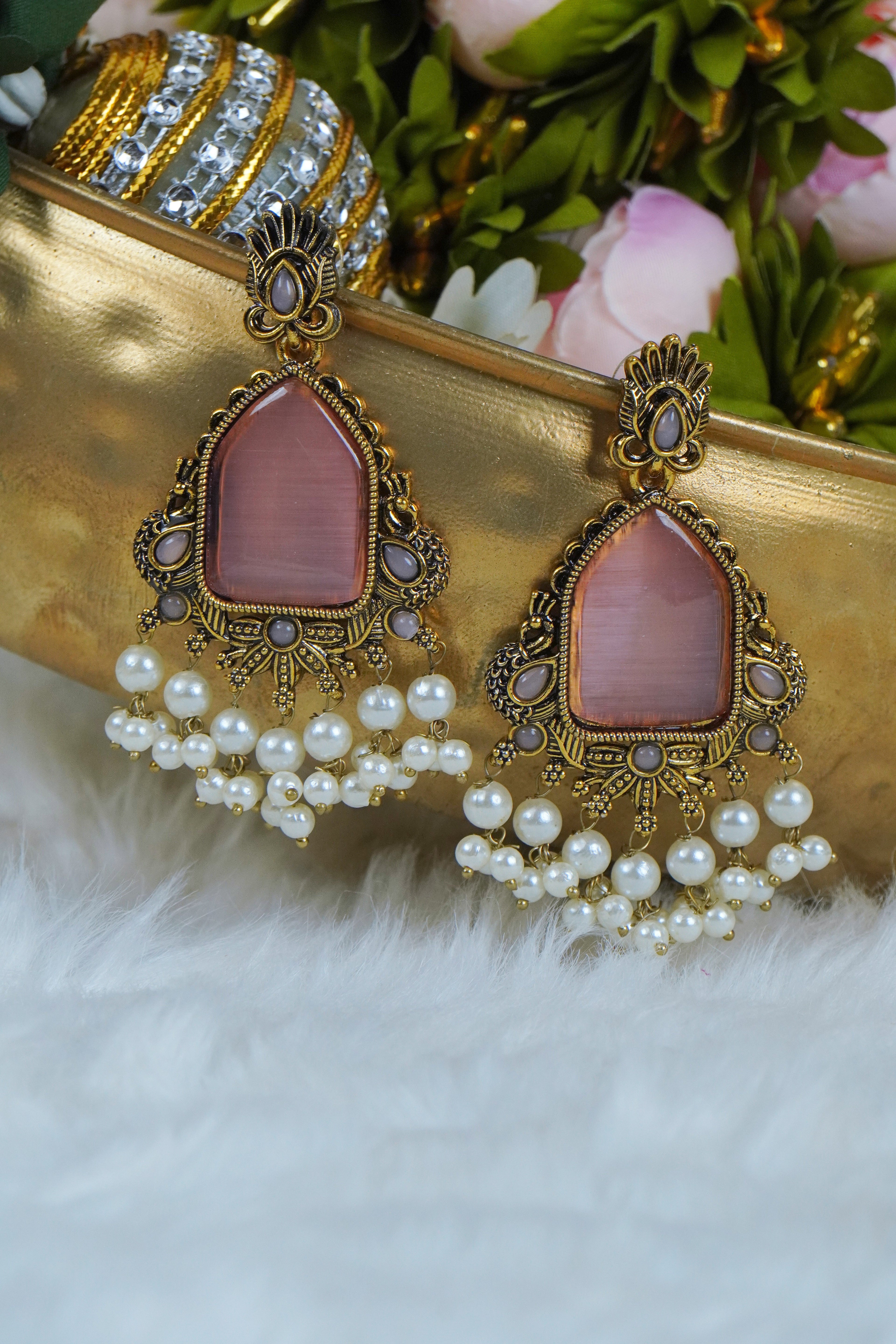 Premium - Statement Monalisa stone Studs with pearls - Broad