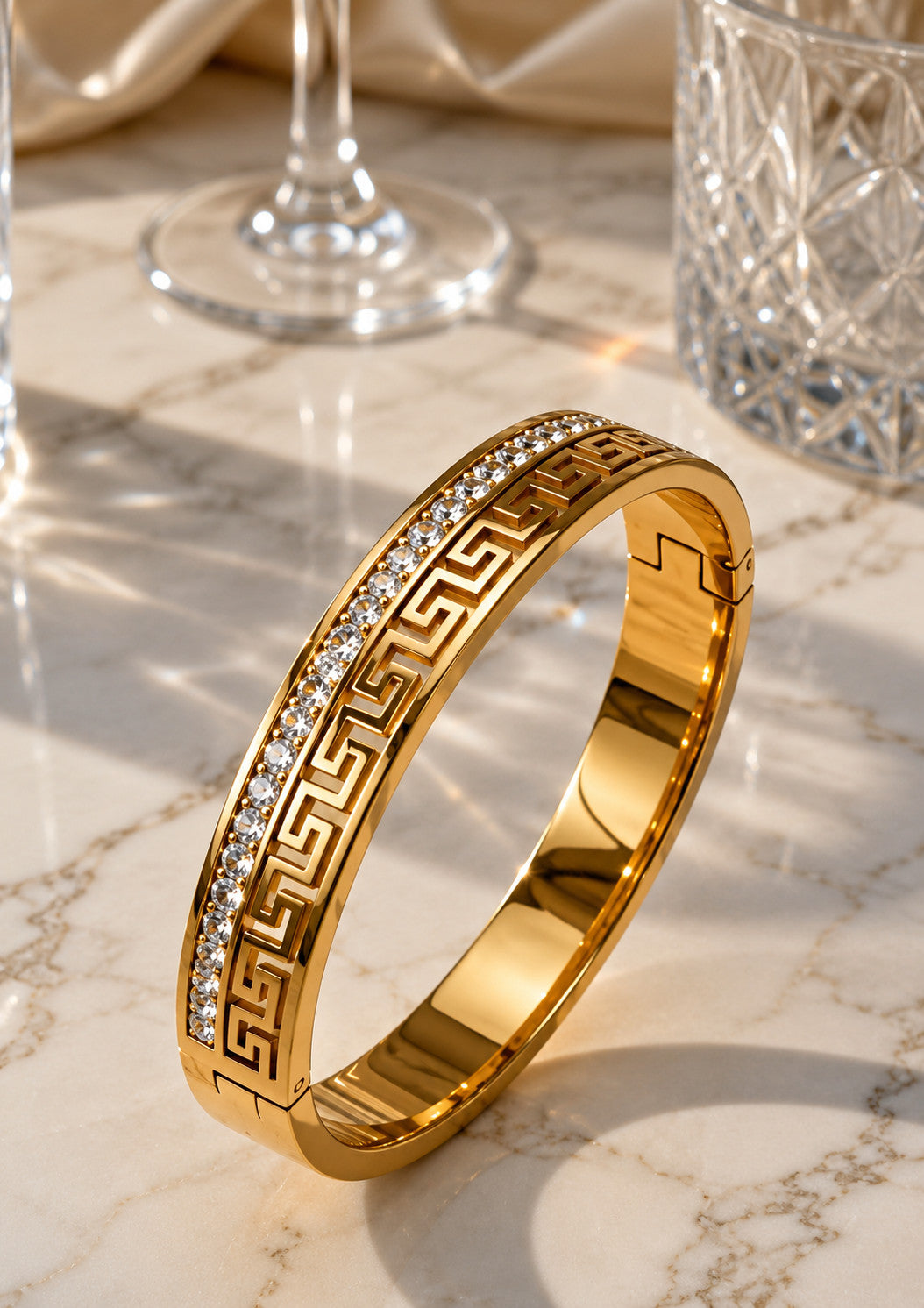 MEGA Gold Plated Greek Pattern Crystal Studded Cuff Bracelet for Women | Premium Openable Kada Bangle